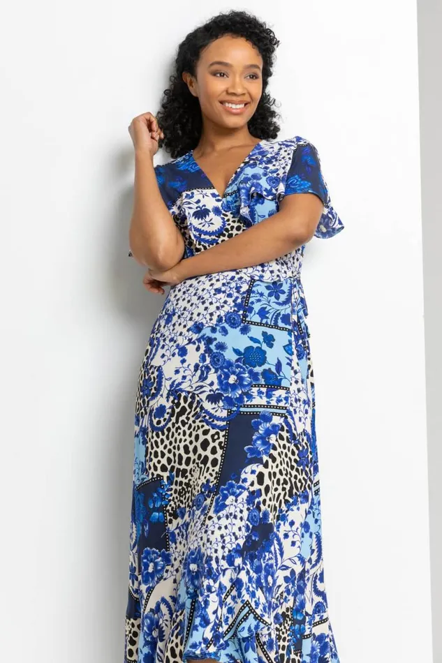 Blue Petite Geo Floral Frill Wrap Dress Women Roman Dresses