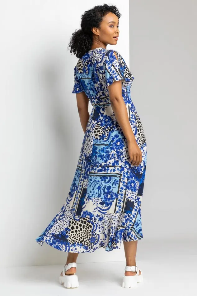 Blue Petite Geo Floral Frill Wrap Dress Women Roman Dresses
