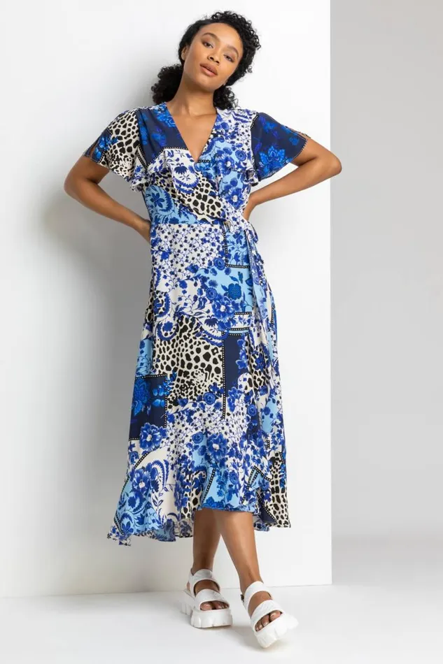 Blue Petite Geo Floral Frill Wrap Dress Women Roman Dresses