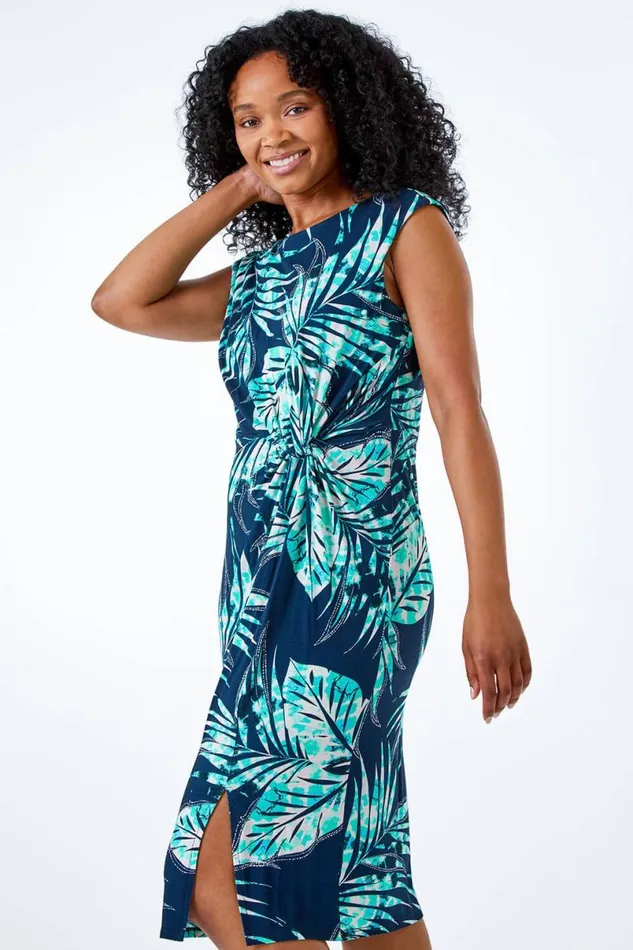 Blue Petite Tropical Twist Waist Ruched Dress Women Roman Dresses