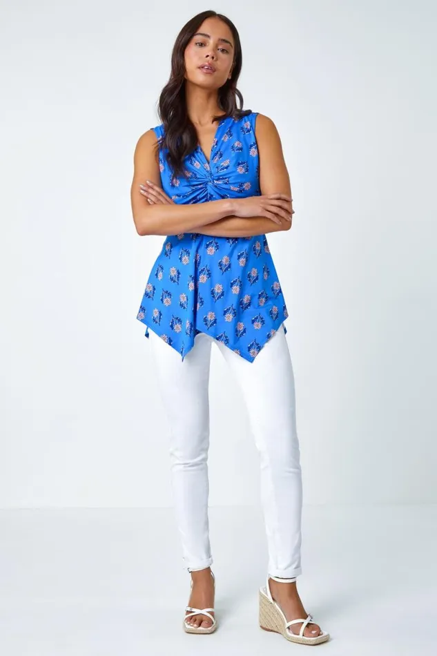Blue Petite VNeck Floral Hanky Hem Vest Top Women Roman Tops