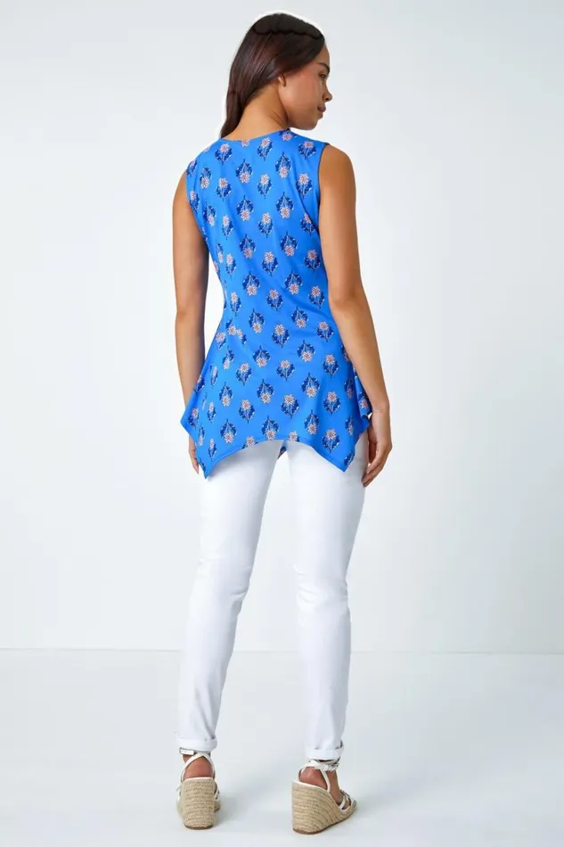 Blue Petite VNeck Floral Hanky Hem Vest Top Women Roman Tops