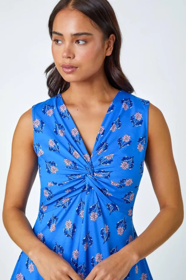 Blue Petite VNeck Floral Hanky Hem Vest Top Women Roman Tops