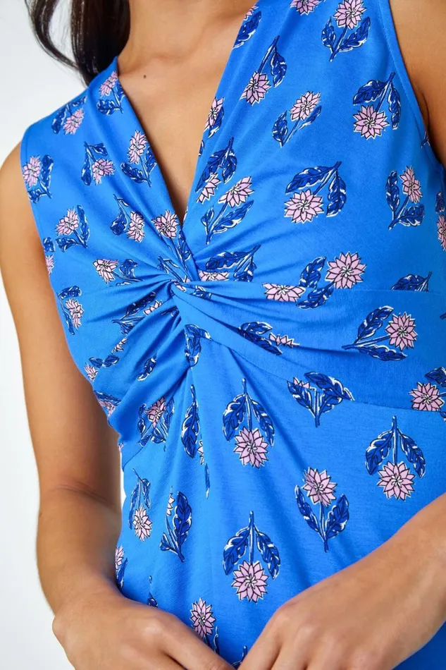 Blue Petite VNeck Floral Hanky Hem Vest Top Women Roman Tops