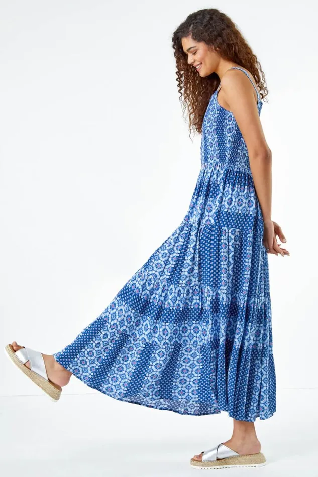 Blue Printed Shirred Bodice Maxi Dress Women Roman Dresses