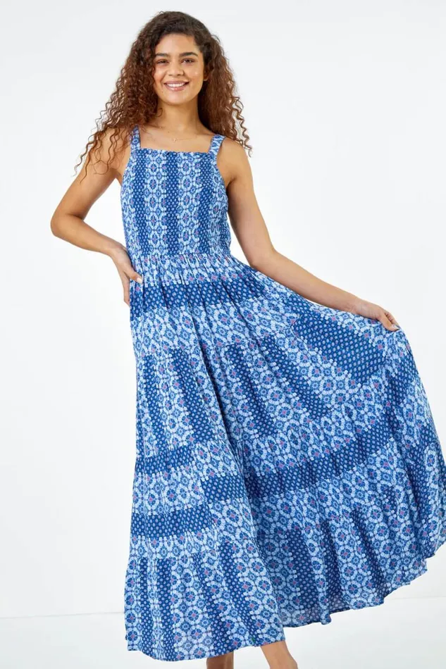 Blue Printed Shirred Bodice Maxi Dress Women Roman Dresses