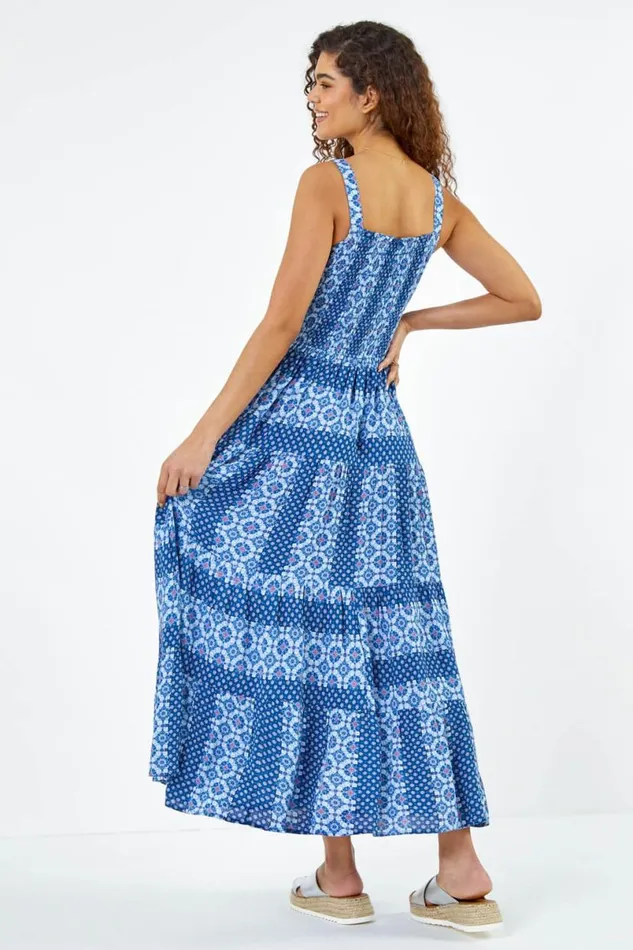 Blue Printed Shirred Bodice Maxi Dress Women Roman Dresses