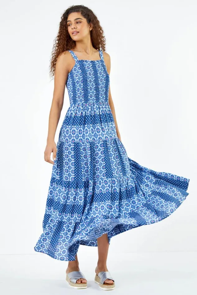 Blue Printed Shirred Bodice Maxi Dress Women Roman Dresses