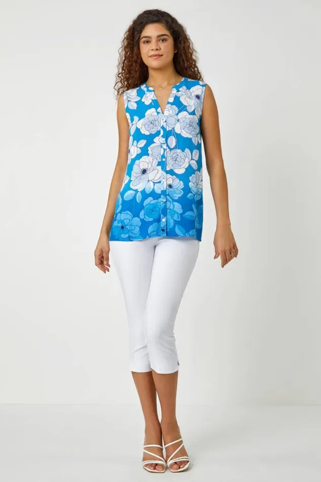 Blue Sleeveless Floral Print Blouse Women Roman Tops