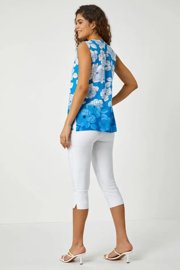 Blue Sleeveless Floral Print Blouse Women Roman Tops