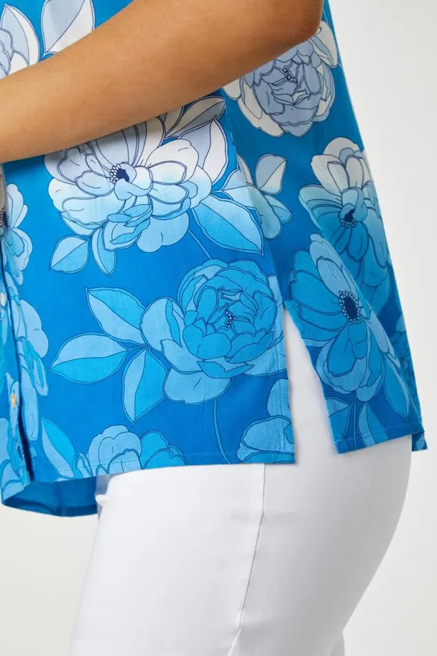 Blue Sleeveless Floral Print Blouse Women Roman Tops