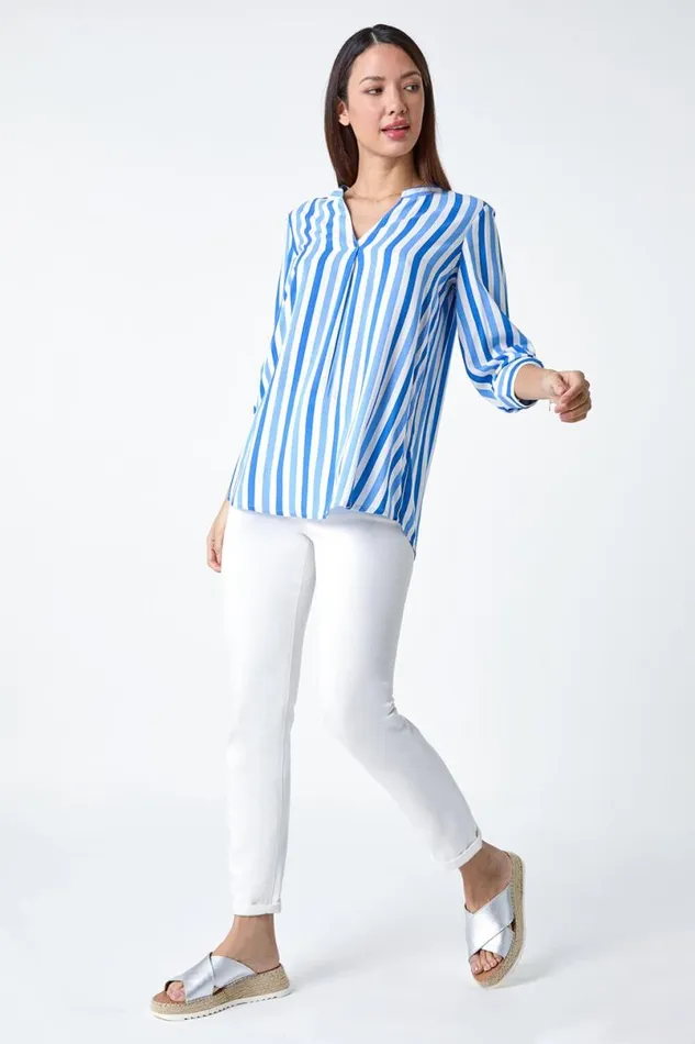 Blue Stripe Print VNeck Pleat Detail Top Women Roman Tops
