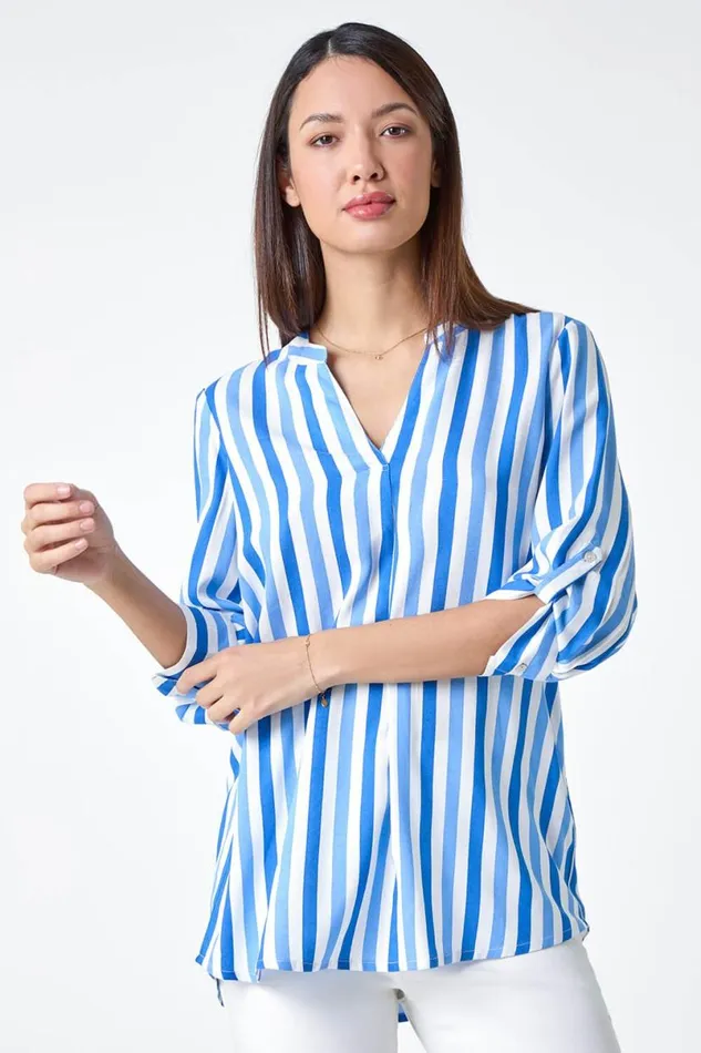 Blue Stripe Print VNeck Pleat Detail Top Women Roman Tops