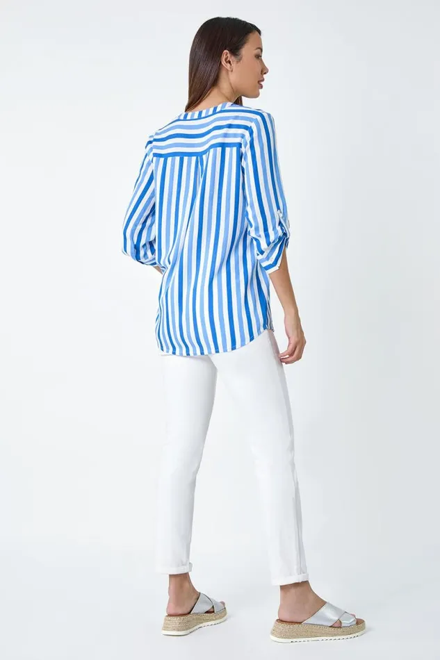 Blue Stripe Print VNeck Pleat Detail Top Women Roman Tops