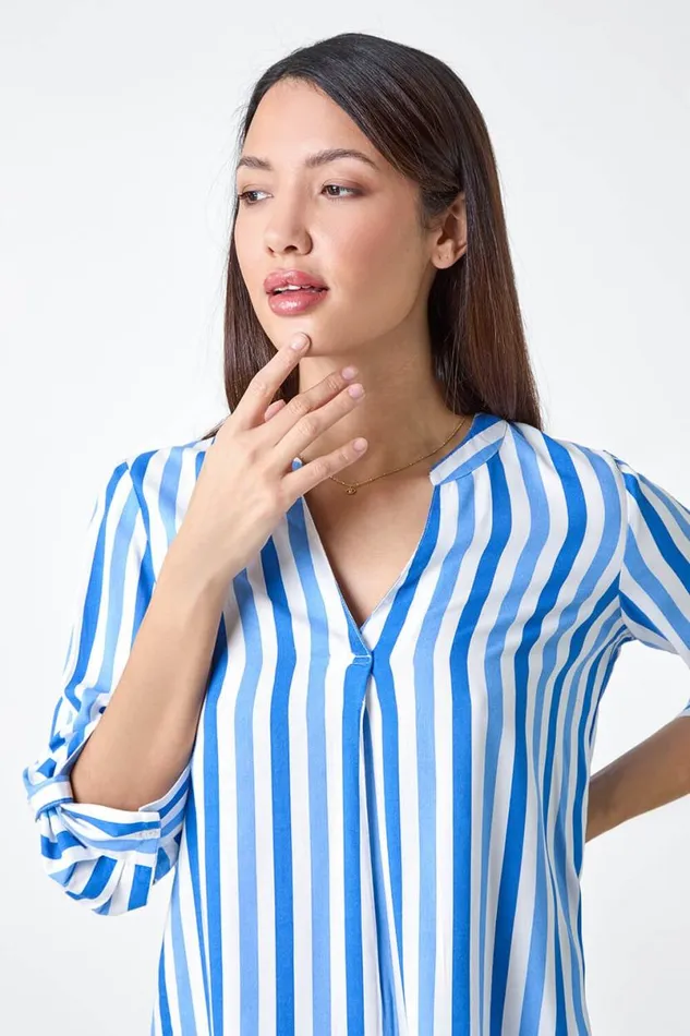 Blue Stripe Print VNeck Pleat Detail Top Women Roman Tops