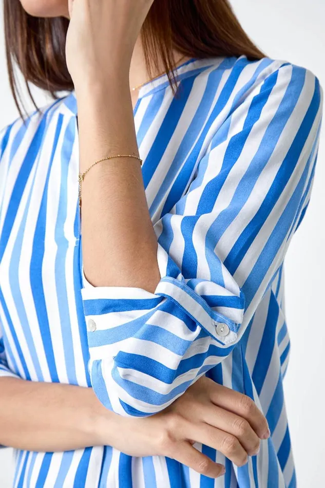 Blue Stripe Print VNeck Pleat Detail Top Women Roman Tops