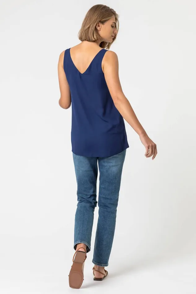 Blue VNeck Button Front Sleeveless Top Women Roman Tops