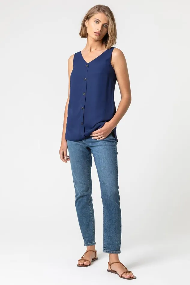 Blue VNeck Button Front Sleeveless Top Women Roman Tops