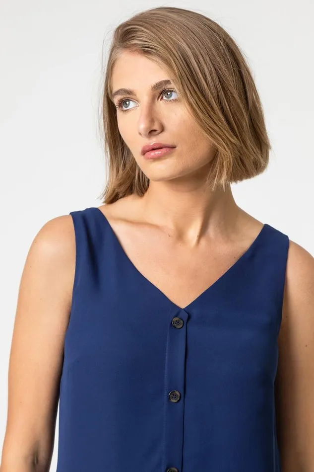 Blue VNeck Button Front Sleeveless Top Women Roman Tops