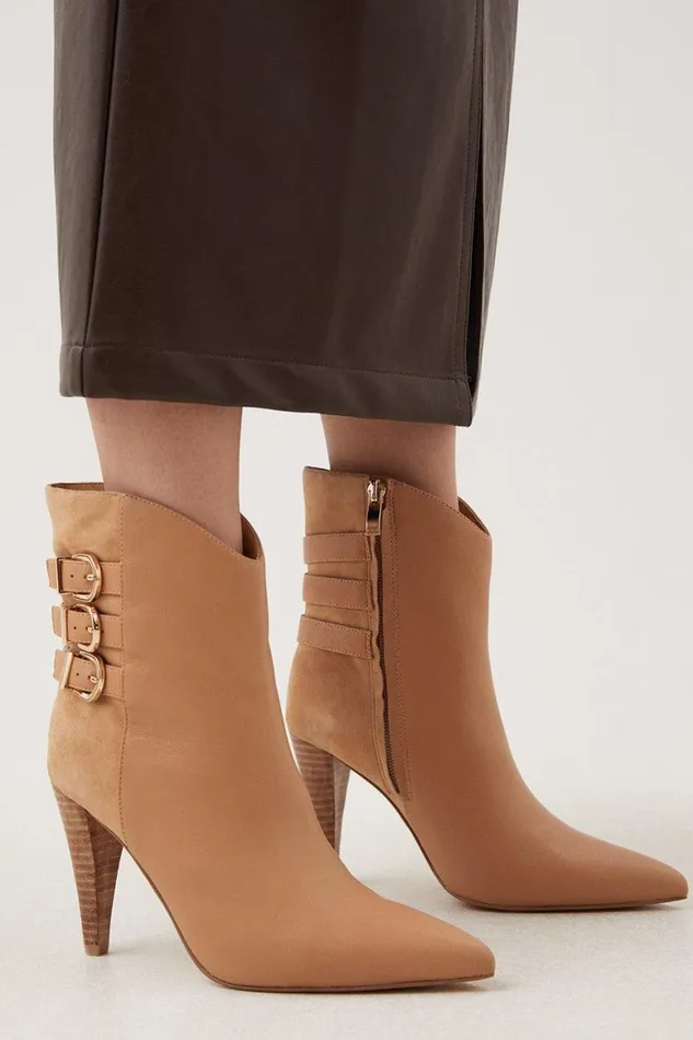Boots Women Karen Millen Leather And Suede Cone Heel Buckle Boot Tan