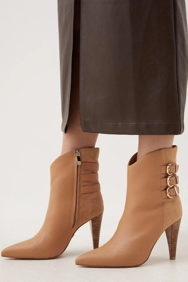 Boots Women Karen Millen Leather And Suede Cone Heel Buckle Boot Tan