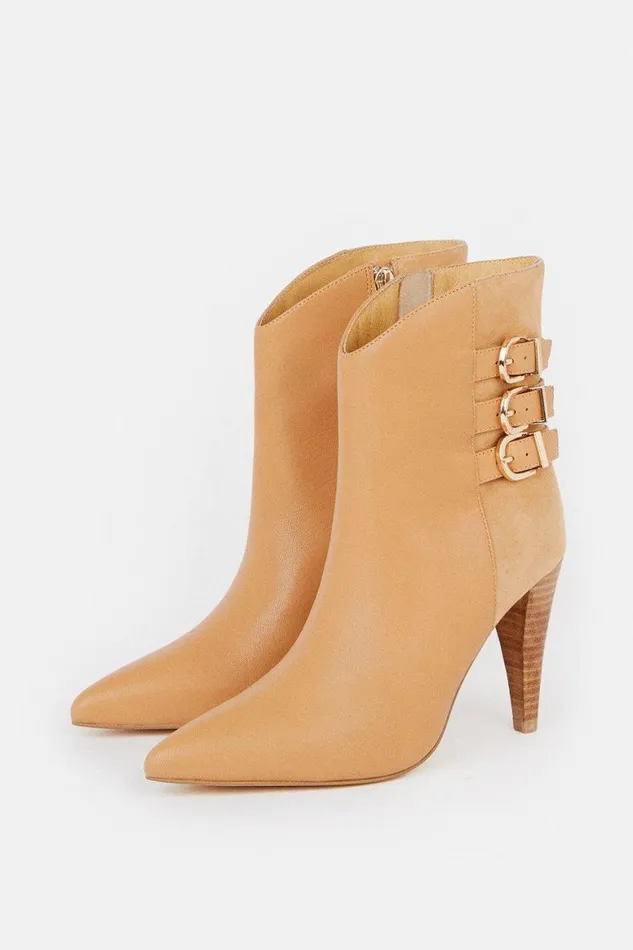 Boots Women Karen Millen Leather And Suede Cone Heel Buckle Boot Tan