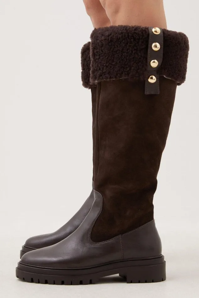 Boots Women Karen Millen Leather Shearing Knee High Boot Tan