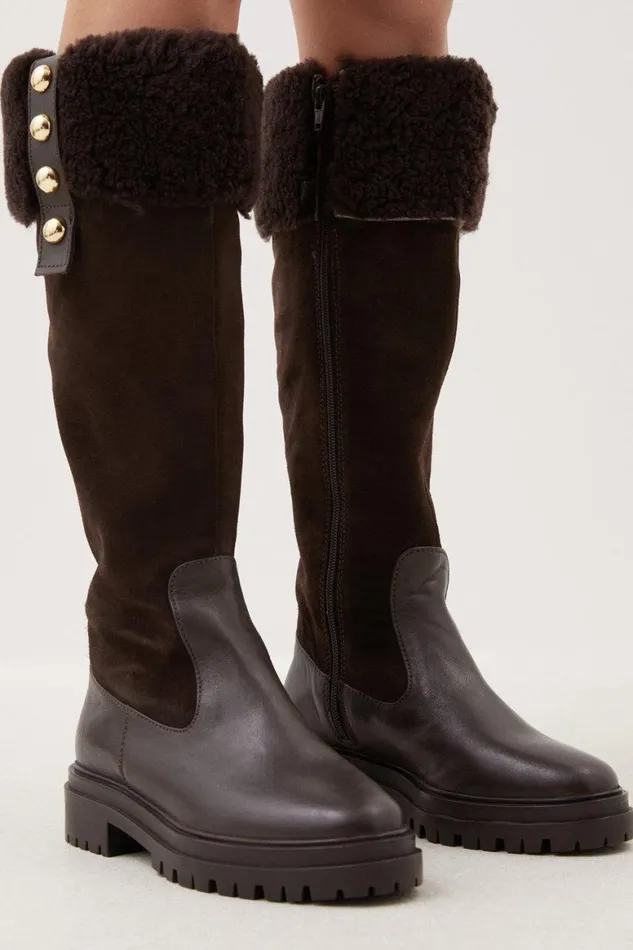 Boots Women Karen Millen Leather Shearing Knee High Boot Tan