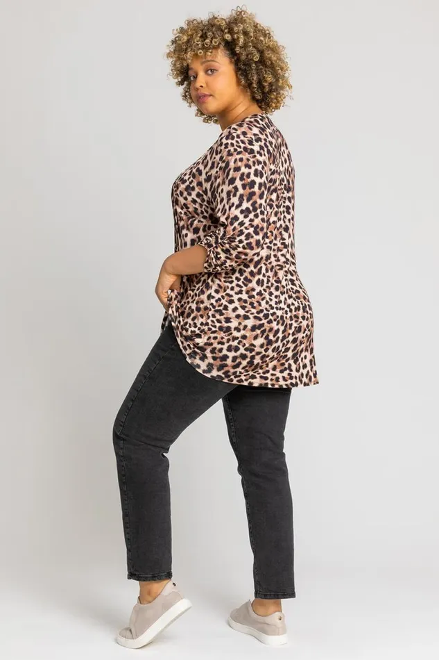 Bronze Curve Animal Print Pintuck Blouse Women Roman Tops