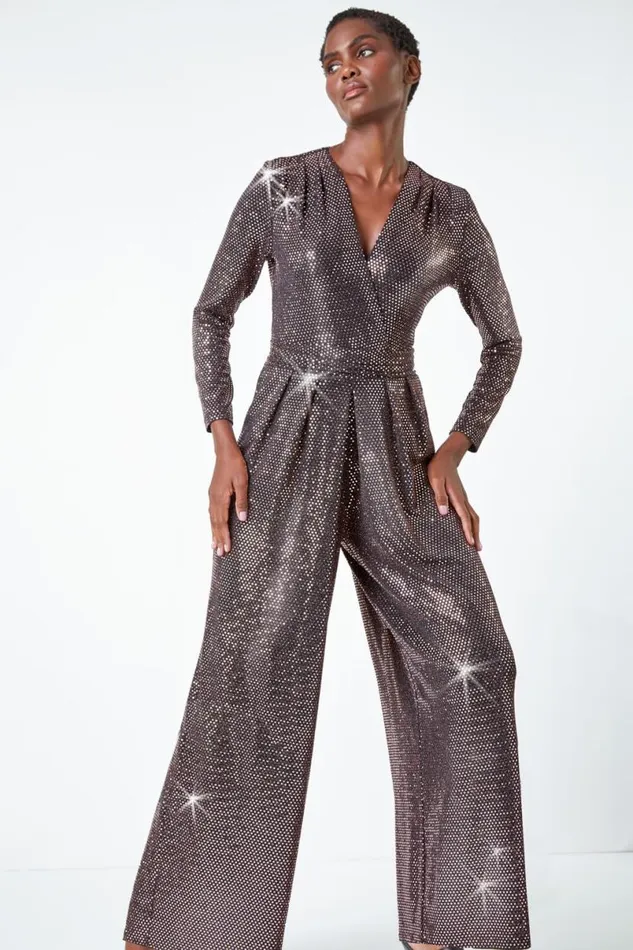 Bronze Sequin Wide Leg Wrap Stretch Jumpsuit Women Roman Jumpsuits and Playsuits