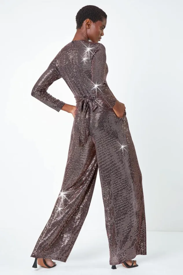 Bronze Sequin Wide Leg Wrap Stretch Jumpsuit Women Roman Jumpsuits and Playsuits