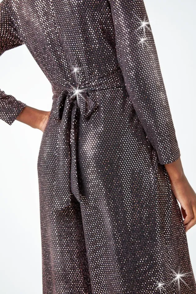 Bronze Sequin Wide Leg Wrap Stretch Jumpsuit Women Roman Jumpsuits and Playsuits