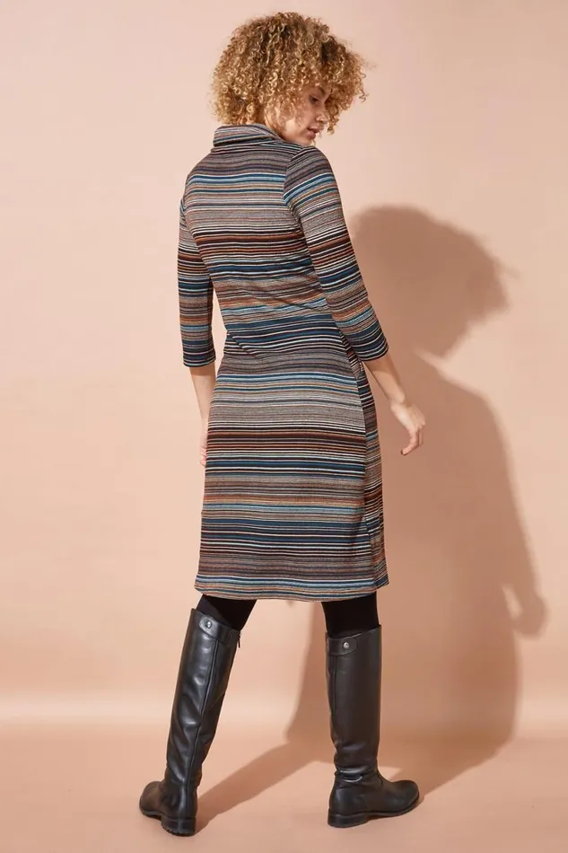Brown Stripe Cowl Neck Button Detail Dress Women Roman Dresses