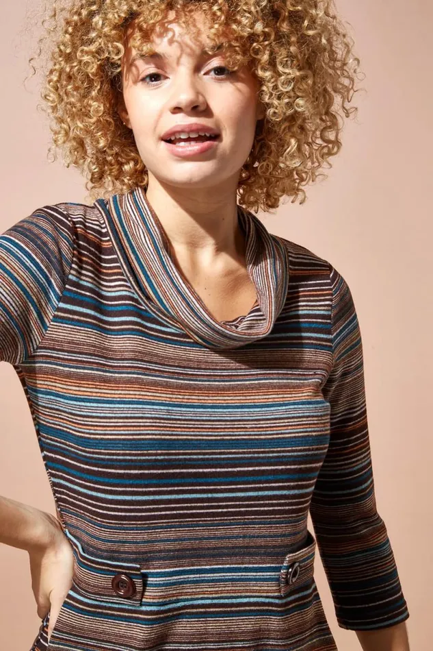 Brown Stripe Cowl Neck Button Detail Dress Women Roman Dresses