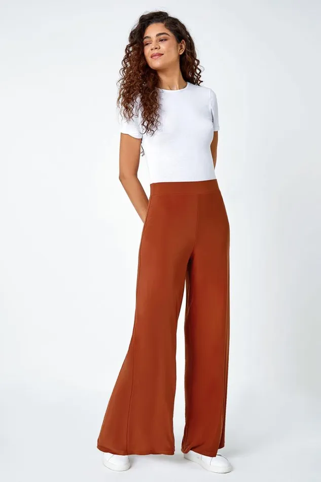 Burnt Orange Elastic Waist Wide Leg Stretch Trousers Women Roman Trousers