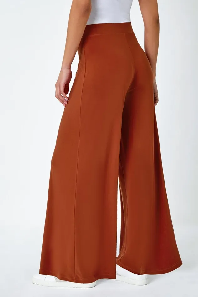 Burnt Orange Elastic Waist Wide Leg Stretch Trousers Women Roman Trousers