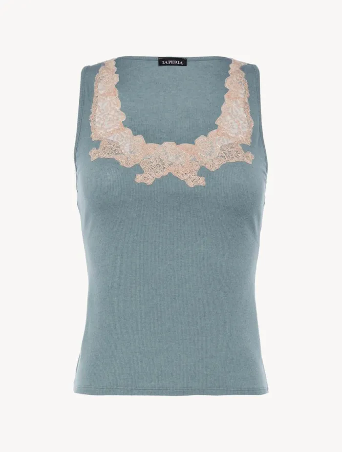 Cashmere Blend Ribbed Tank Top In Sleepy Dream With Frastaglio Sleepwear La Perla Camisoles Cashmere Blend Ribbed Tank Top In Sleepy Dream With Frastaglio Sleepwear La Perla Camisoles