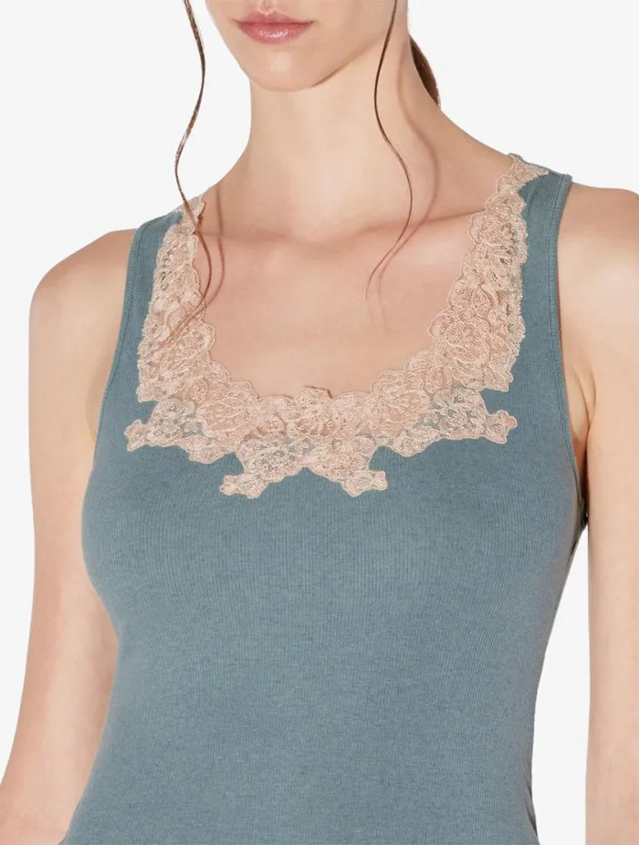 Cashmere Blend Ribbed Tank Top In Sleepy Dream With Frastaglio Sleepwear La Perla Camisoles