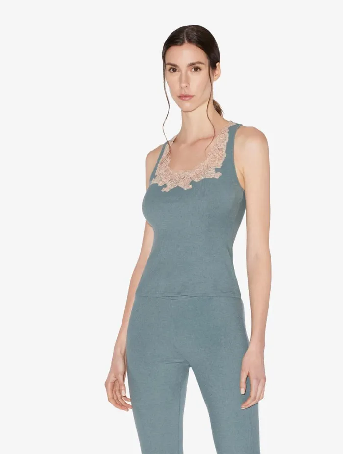 Cashmere Blend Ribbed Tank Top In Sleepy Dream With Frastaglio Sleepwear La Perla Camisoles