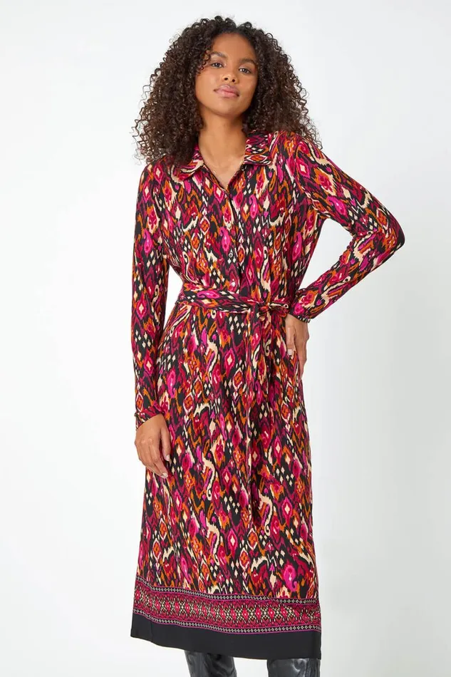 Cerise Aztec Print Midi Stretch Shirt Dress Women Roman Dresses