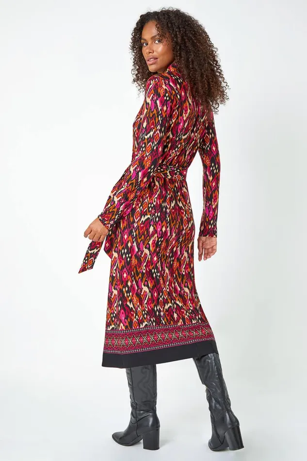 Cerise Aztec Print Midi Stretch Shirt Dress Women Roman Dresses