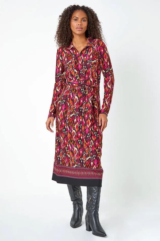 Cerise Aztec Print Midi Stretch Shirt Dress Women Roman Dresses