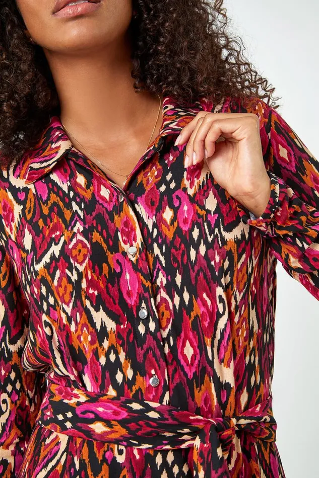 Cerise Aztec Print Midi Stretch Shirt Dress Women Roman Dresses