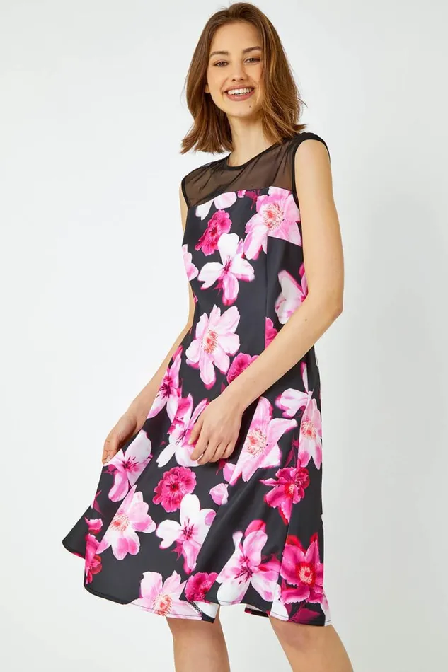 Cerise Premium Stretch Floral Mesh Dress Women Roman Dresses
