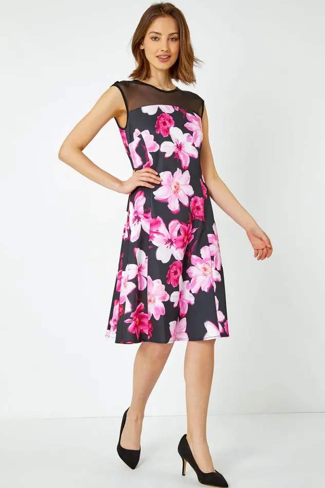 Cerise Premium Stretch Floral Mesh Dress Women Roman Dresses