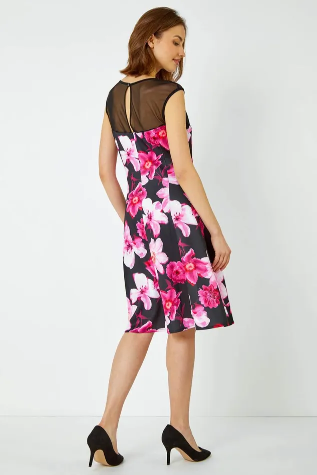 Cerise Premium Stretch Floral Mesh Dress Women Roman Dresses