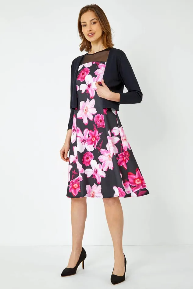 Cerise Premium Stretch Floral Mesh Dress Women Roman Dresses