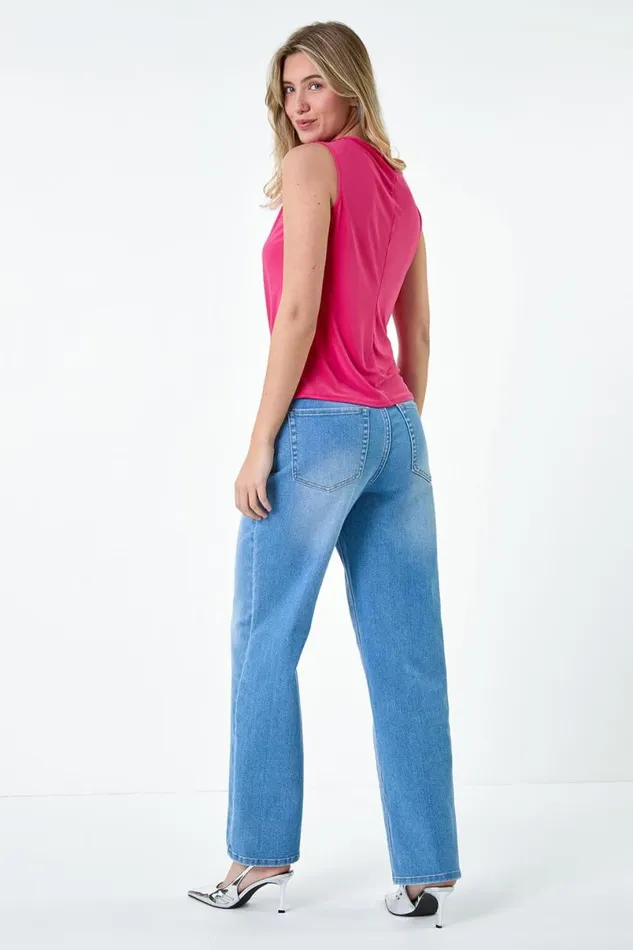 Cerise Ruched Twist Cowl Neck Stretch Top Women Roman Tops