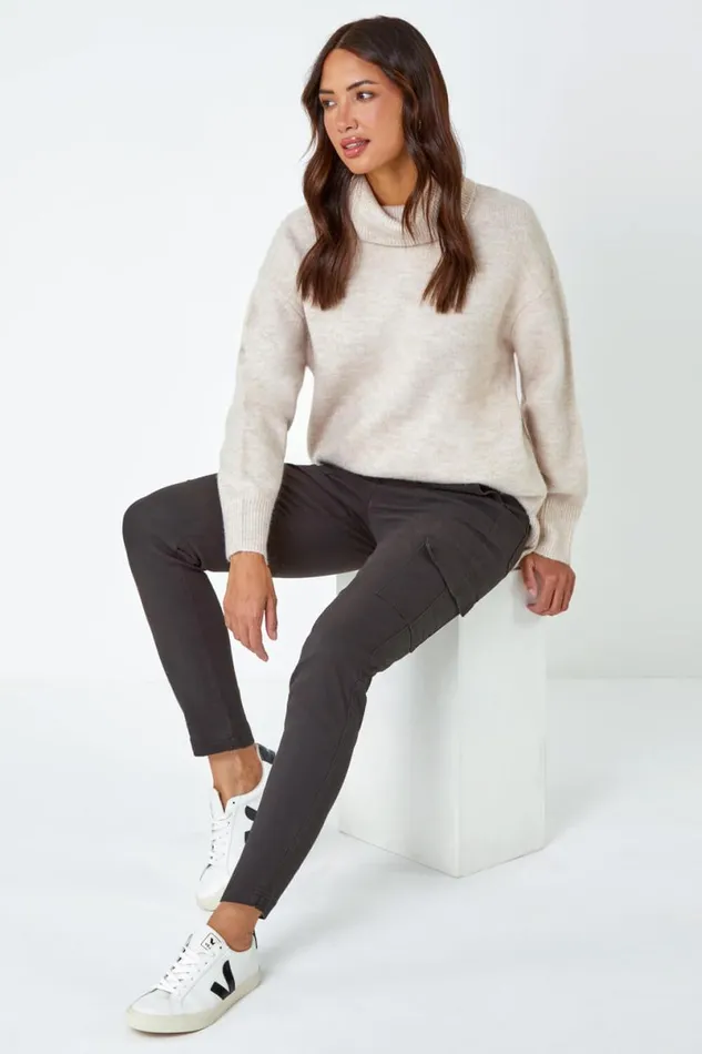 Charcoal Cotton Blend Cargo Stretch Jegging Women Roman Trousers