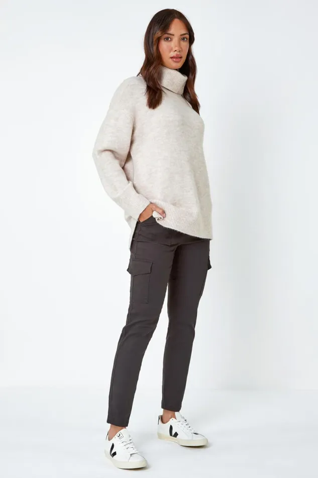 Charcoal Cotton Blend Cargo Stretch Jegging Women Roman Trousers